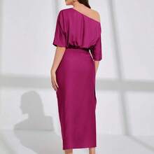 Asymmetrical Neck Batwing Sleeve Wrap Hem Satin Dress For Holiday Party Clothes Maxi Women Outfit Long Evening Dresses - Rojo violeta - Ver 3