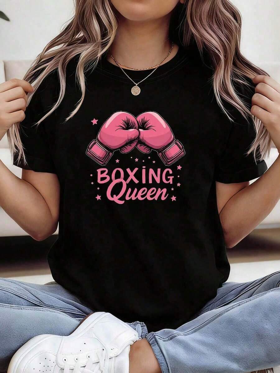 Camiseta de manga corta y cuello redondo para mujer con estampado 'BOXING Queen', perfecta para salidas informales, regalos de vacaciones, reuniones con amigas, fiestas de música y ropa de vacaciones - Negro - Ver 1