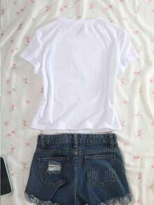 Women's Short-Sleeved T-Shirt With Slogan Print, Round Neck, Casual And Versatile Style, For Leisure Time. - 白色 9 - 查看 2