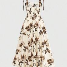Women's Apricot Base Brown Floral Pattern Spaghetti Strap Waist A-Line Dress, Elegant And Charming For Vacation, Commute, Music Festival, Date, French Bohemian, Beach, Street, Versatile, Spring/Summer, Apricot Brown New Sleeveless Dress - Multicolor - Ver 3
