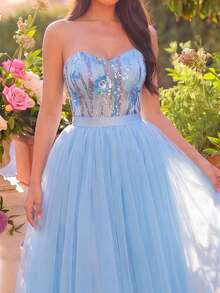 Faeriesty Camiseta corta con lentejuelas brillantes y dobladillo transparente contrastante, perfecta para homecoming, fiestas, bailes y eventos de verano, bodas y fiestas - Azul - Ver 6
