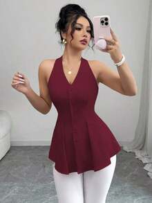 Camisa sin mangas con cuello en V, abotonada, con pliegues a la cintura y línea A, casual y elegante, adecuada para la oficina, vacaciones, primavera/verano - Burdeos - Ver 4