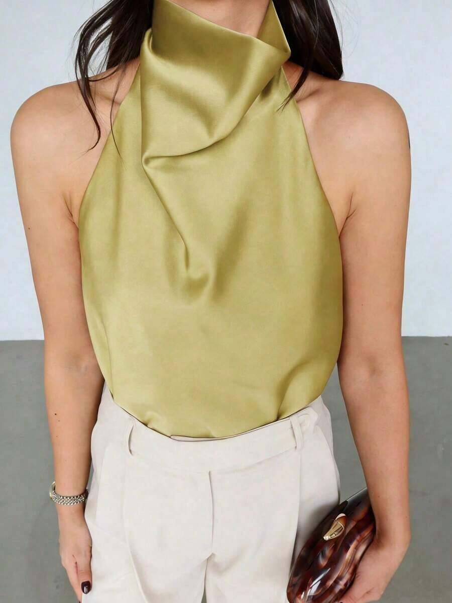 Camiseta sin mangas de satén de unicolor con cuello alto tipo halter Y2K para mujer, ropa de calle linda para el verano en color negro casual - Verde Oliva - Ver 1
