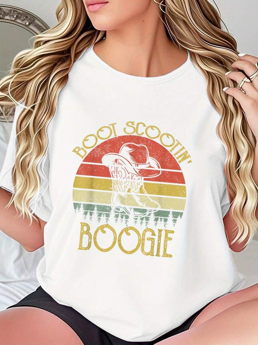 Camiseta de verano para mujer, estilo retro western: Camiseta negra con texto "BOOT SCOOTIN' BOOGIE", botas de vaquero y dise￱o de atardecer, presentaci￳n retro de m￺sica y baile country del oeste