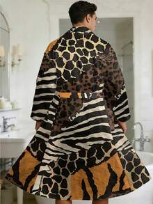 Plus-Size Men's Casual Kimono Robe, Leopard Print, Essential For The Pool, Summer Vacation Beach Cover-Up, Long Loose Lightweight Cardigan With Belt - Mixed Colors - View 5