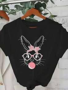 Camiseta Oversize para Mujer con Estampado de Conejo de Dibujos Animados - Negra con Gafas Rosas y Lazo, Cuello Redondo, Manga Corta, Ajuste Holgado, Lavable a Máquina para Primavera/Verano - Oscuro - Ver 6