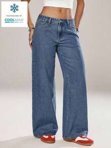 ICON Solid Color Wide Leg Pocket Jeans, Casual And Versatile - 藍色5 - 查看 9