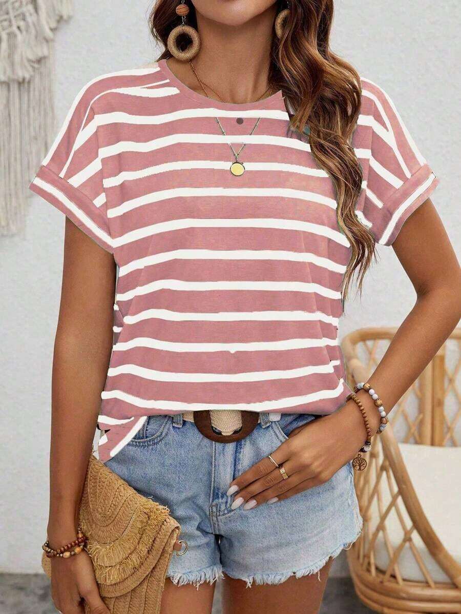 Camiseta con mangas de murciélago a rayas, informal, camisetas gráficas de verano para mujeres - Rosa - Ver 1