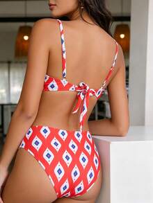 Set de 2 piezas Bikini de cintura alta con espalda descubierta y patrón de rombos, adecuado para la playa, vacaciones, verano - Rojo y azul - Ver 2