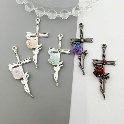 10/20 piezas Colgante de cruz de aleación de zinc de estilo vintage oscuro con patrón de rosa degradado, adecuado para manualidades de joyería, collares, pulseras, aretes, cadenas de bolso, llaveros, decoración de cremalleras, gran opción de regalo
