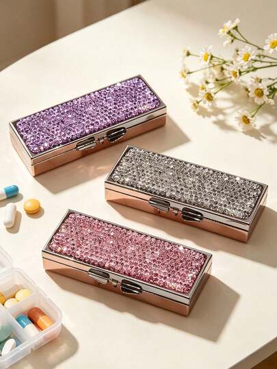 Sparkling Rhinestone Pillbox,Portable Rhinestone Medicine Box,Vitamin Pill Compartment,Daily Travel Portable Pill Box,Suitable For Vitamins,Supplements, Other Small Itemsl,Must - Have Medical Accessory,For Daily/Outdoor/Travel,Essential For Health - Conscious & On - The - Go Users,Unique Back-To-School Gifts,Holiday Gifts, Birthday Gifts,Party Gifts