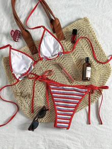 Swim Mod Sweet And Spicy Retro Triangle Bikini, Small Size Lace-Up, High-End Red And Blue Striped, Sensual Two-Piece Swimsuit, Spring/Summer 2026 - Red - View 8