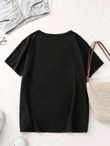 1 pcsCamiseta Casual de Mujer con Estampado de Mariposas - Mezcla de Poliéster y Spandex Suave, Cuello Redondo, Manga Corta, Lavable a Máquina180g 100% Cotton - Negro - Ver 3