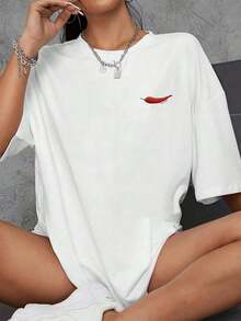 Chile Print T-Shirt, Short Sleeve Cotton T-Shirt With Round Neck, Double-Sided Print, Casual Fashion For Women (1 Piece) 100% Cotton, Soft Fabric - 白色 - 查看 2