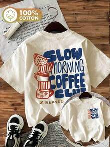 [Double-Sided Print] Women's Fashion Spring-Summer T-Shirt, Hand-Painted Style, Coffee Cup Print, SLOW MORNING COFFEE CLUB SERVED DAILY, Round Neck, Short Sleeve, 100% Cotton Women's T-Shirt [Chu K], Short Sleeve Graphic Print Streetwear Style T-Shirt For Summer - 杏色 - 查看 7