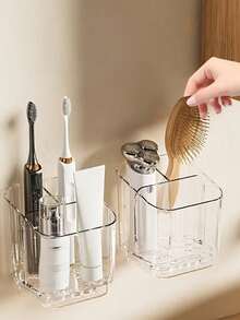 1 pieza Soporte para cepillo de dientes transparente, estante de almacenamiento montado en la pared, estante de almacenamiento creativo para el baño, estante para pasta de dientes, soporte para cepillo de dientes, estante de almacenamiento multifuncional, soporte para cepillo de dientes desmontable, soporte para cepillo de dientes a prueba de polvo minimalista montado en la pared, artículos de almacenamiento para el baño, accesorios de baño, estuche para cepillo de dientes - Multicolor - Ver 2