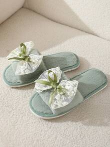 Women's Fluffy Bow Slippers, Lightweight Indoor Home Slippers, Quiet Plush Slides For All Seasons - Green - View 4