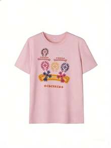 Retro Cross And Text Print Short Sleeve T-Shirt, Fashionable Short Sleeve T-Shirt For Spring And Summer 2026, Made In Mexico, 180 Grams. Cartoon Print, Couple Design, Suitable For Indoor Or Outdoor Wear. Crew Neck, Unisex, Ideal For Office And Leisure. One-Piece Pack. - PK-P631577SLNDXZGY405 - 查看 2