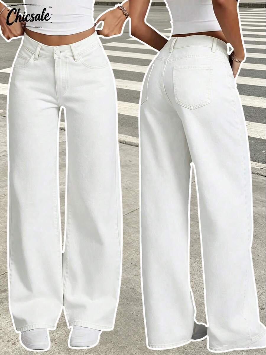 Women's Casual Light-Washed Wide-Leg Jeans, Suitable For Daily Wear Spring White