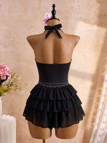 Bellisia Traje de baño con falda para mujer con estampado de puntos blancos sobre fondo negro, diseño de escote profundo en V con cuello de halter y espalda descubierta, con volantes de 3 niveles en el bajo, de gasa para playa, vacaciones o en la piscina - Negro - Ver 3