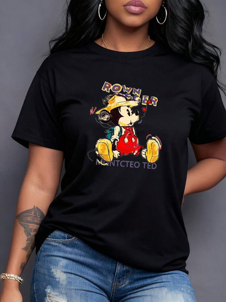 Figura de ratón tierno con sombrero y mochila que representa alegría aventurera y espíritu juvenil en tonos vivos camiseta para mujer cómoda y moderna - Negro - Ver 1