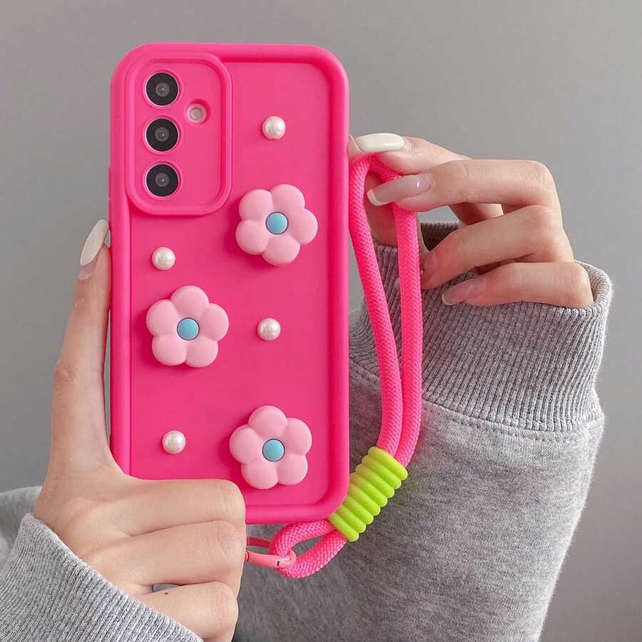 (Place An Order, Follow The Store And Favorite The Product To Get A Free Lanyard) Ladder Rose Red/Soft Flower/Pearl/Woven Rope/Free Gift Rope/Phone Case/Compatible With Iphone 17, Transparent Shockproof Protective Cover Ladder Rose Red/Soft Flower/Pearl/Woven Rope/Free Gift Rope/Fit For Galaxy - Hot Pink - View 1