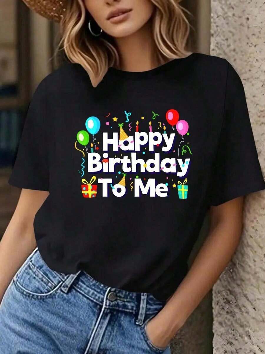 Camia de cumpleaños ajustada para mujer - Camia de manga corta con cuello redondo "Feliz Cumpleaños a Mí", top ligero para fiestas, uso casual y para todas las estaciones - Diseño divertido y juvenil, transpirable y cómoda.