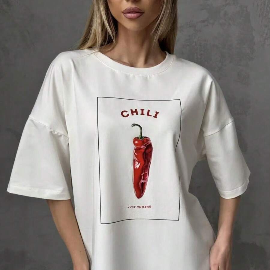 Camiseta de manga corta 100% algodón, sencilla y única, con un estampado de chiles dulces y geniales, corte holgado, cómoda y versátil, top elegante. - Blanco - Ver 1