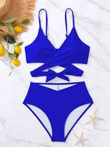 Swim Vcay Bikini minimalista de unicolor 2025, ropa de baño de playa de vacaciones de verano - azul real - Ver 3