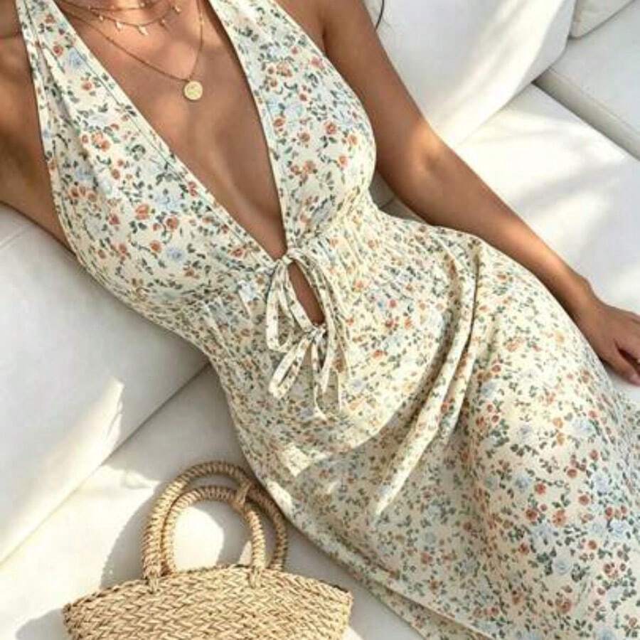 SunnyBelle Women's Ditsy Floral Elegant Halter V-Neck Backless Dress, Suitable For Spring/Summer Vacation - Multicolor - Ver 1