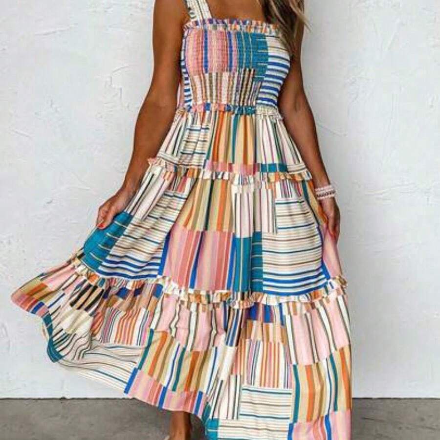 Women's Casual Loose Color Block Striped Sleeveless Slip Dress, Summer Vacation Elegant - Multicolor - Ver 1