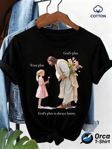 Camiseta de algodón 1ps con estampado floral de Jesús y niña, temática religiosa, top de manga corta holgado para mujer, ropa casual para uso diario, diseño moderno y sencillo, camiseta de algodón marca Orca 2026. - Negro - Ver 12