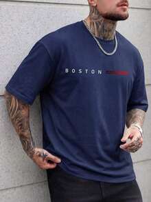 Men's Summer Short-Sleeved T-Shirt With A Casual Print, Featuring A Boston Design. Comfortable, Soft, Breathable, And Moisture-Wicking. Express Shipping From A Local Warehouse. - 海軍藍 - 查看 2
