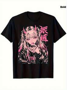Sommer 200 G/M² T-Shirt In Gothic Grunge Style With Anime Demon Design - Graphic Tee Showing An Intense Femme Fatale With Pink Horns - Regular Unisex Fit For Goths, Anime And Cosplay - Ideal For Any Season And Conventions - Black, Loose And Comfortable T-Shirt For Summer. - Back - View 6