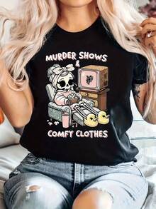 Camiseta con estampado de letras, top casual de manga corta y cuello redondo, para verano y primavera, ropa de mujer. - Negro - Ver 5