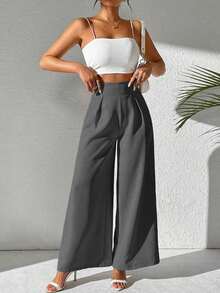 Pantalones anchos casuales de mujer con tela de unicolor texturizada - Gris - Ver 3
