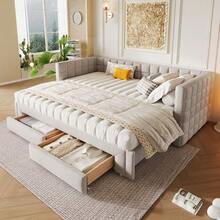 Sofa Bed 90 X 200 Cm, With Square Backrest, Extendable (Up To 180 Cm Queen Size), 2 Drawers, Without Mattress, Beige Color. - Grey - View 12