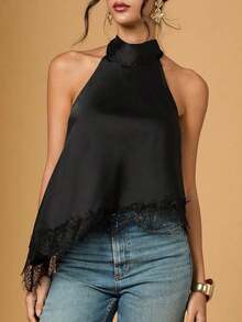 Blusa elegante de cuello halter con bajo asimétrico y encaje de contraste de unicolor para mujer - Negro - Ver 6