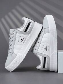 Men's Casual Lace-Up Patchwork Skateboard Shoes, Fashionable Daily Versatile Comfortable Athletic Sneakers For School And Street - Light Grey - View 3