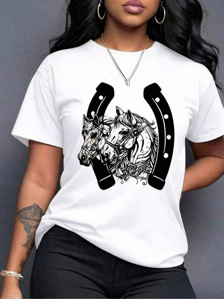Camiseta de mujer con estampado de caballo de dibujos animados y cuello redondo, camisetas gráficas de mujer RLTT - Blanco - Ver 1