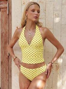 Top ajustado sin mangas con tirantes finos, escote en V y estampado de lunares, un top de bikini de verano a la moda - Multicolor 3 - Ver 3