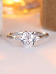 Vanel 1 chiếc nhẫn solitaire hình oval màu bạc thanh lịch, đính đá Cubic Zirconia, kiểu dáng tối giản, thích hợp đeo hàng ngày, món quà trang nhã. - trắng bạc - Xem 2