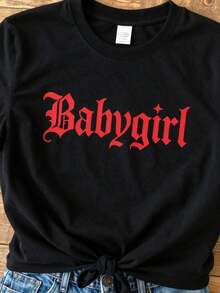 Camiseta Gráfica para Mujer Babygirl| Blusa de manga corta, de verano, con cuello redondo, diseño geométrico, lavable a máquina, para atuendos casuales y eventos temáticos. - Negro - Ver 6