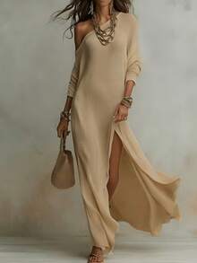 Women's Off Shoulder Knit Maxi Dress With Long Sleeves And High Slit - Khaki - View 3