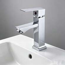 Single Cold Faucet For Bathroom Sink, Countertop Basin, Hotel Wash Basin, Black, Silver, Square Single Cold Water Faucet - Silver - View 2