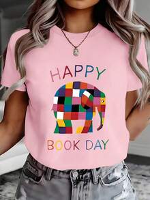 Día del Libro Alegre, Elefante de Bloques Coloridos, Resaltado sobre un Fondo Negro, Lleno de Diversión, Sudadera con Estampado Direccional para Primavera y Verano, Top Casual de Cuello Redondo, Camiseta de Manga Corta, Top Cómodo para Mujer 10244 - Negro - Ver 9
