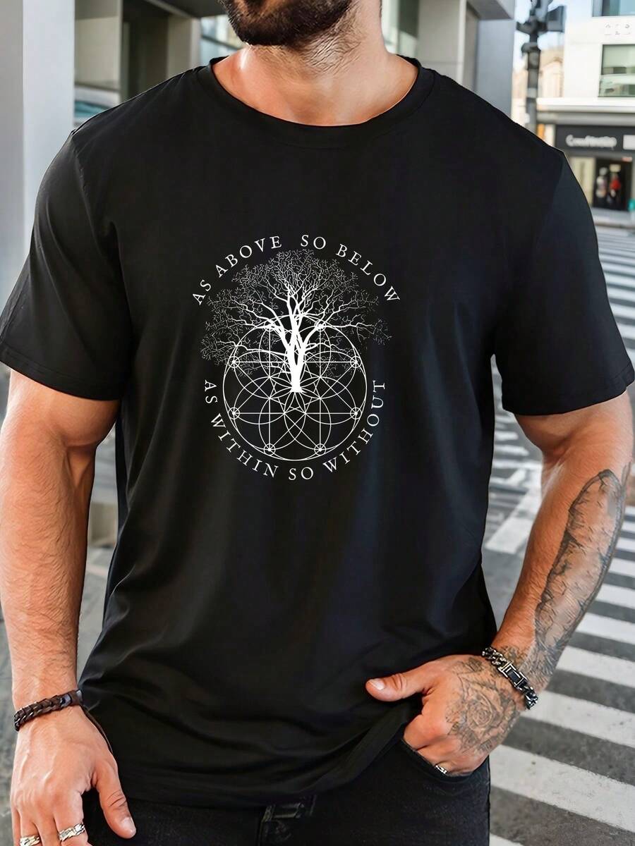 Camiseta de manga corta con cuello redondo y estampado "AS ABOVE SO BELOW" para hombre, ideal para el hogar, uso diario, fiestas y viajes-perfecta como regalo para amigos o familiares. - Negro - Ver 1
