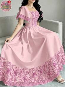 Vestido de manga corta con cuello cuadrado y estampado floral, vestido de longitud media con cintura ceñida, vestido marrón con estampado floral - Multicolor 3 - Ver 1