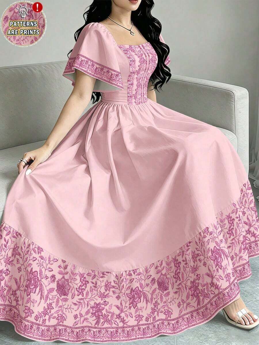 Vestido de manga corta con cuello cuadrado y estampado floral, vestido de longitud media con cintura ceñida, vestido marrón con estampado floral - Multicolor 3 - Ver 1
