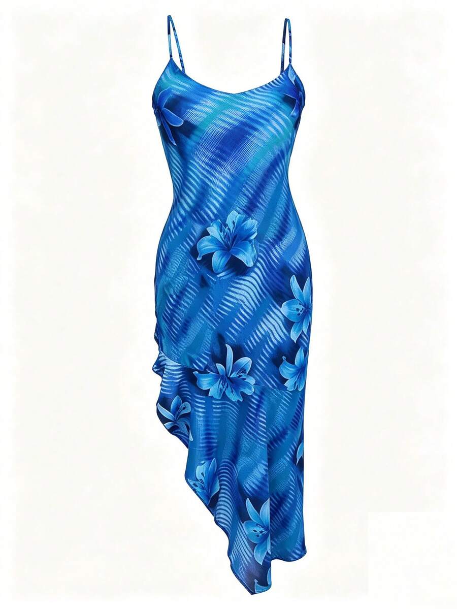 Women's Floral Print Backless Tied Neck Vacation Sexy Dress - Blue - View 1